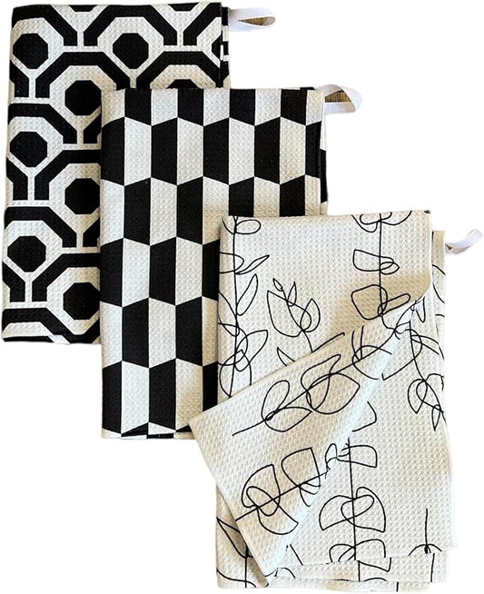 || 3 Pack|| Double Sided || Not Your Ordinary Dish Towels || Waffle Weave Microfiber || Highly Absorbent || Hanging Loop || Dish Cloths || Modern || Designer Prints (Black)