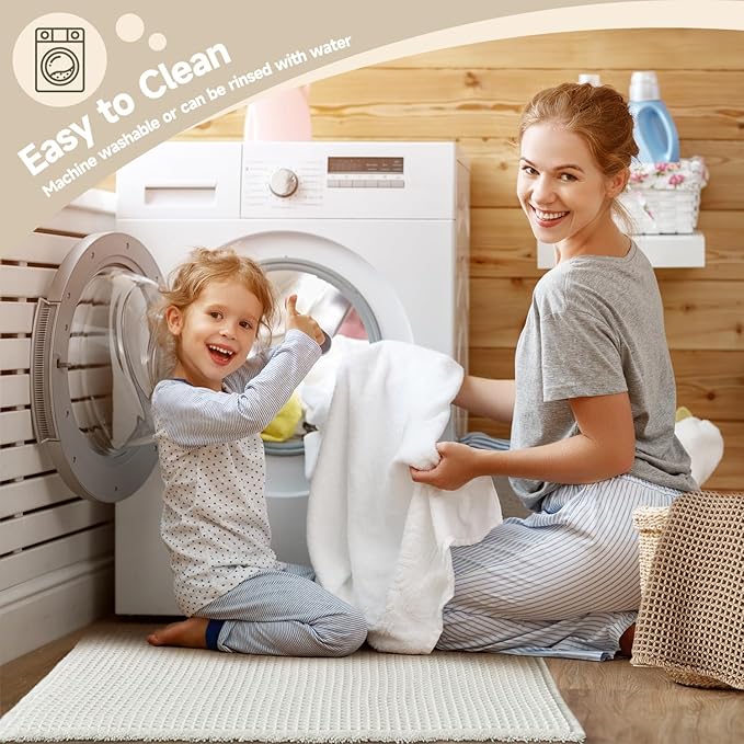 Cream White Long Bathroom Rugs, Waffle Runner Rug Bathroom Non Slip Washable Super Absorbent Quick Dry Boho Farmhouse Bath Mat, 60"x24" Cream White