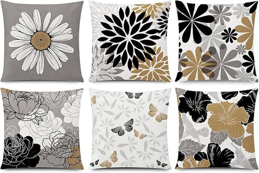 COMMINY Brown Black Pillow Covers 20x20 Set of 6, Daisy Flower Throw Pillow Cover Case Rustic Square Cushion Cover for Sofa Bedroom Living Room Farmhouse Home Decor