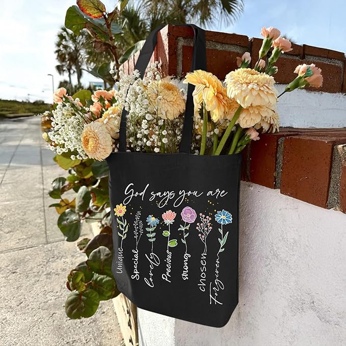2 Pack Christian Bible Canvas Tote Bag for Women with Makeup Bag Gods Says You Are Bags Floral Tote Bag Aesthetic