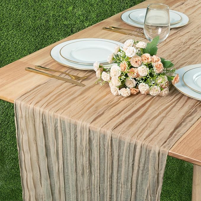 13.3FT Long Sand Cheesecloth Table Runner Boho Table Runner Transparent Rustic Gauze Wedding Dining Table Decorations for Birthday Party Holiday Baby Shower Event Decorations