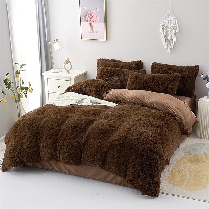 MorroMorn 5 PCS Shaggy Duvet Cover Bedding Set - Fluffy Comforter Cover Long Faux Fur Luxury Ultra Soft Cozy (Brown, King/California King)