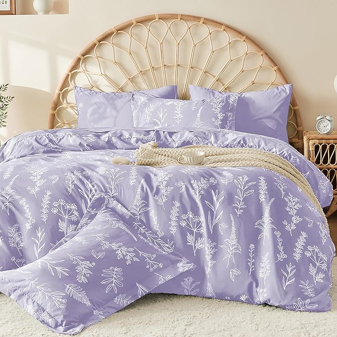 MUXHOMO Duvet Cover Queen Size, Reversible Floral Lavender Duvet Cover Set with Zipper Closure, 3 Pieces Botanical Patterns Soft Microfiber Bedding Set with 4 Ties (90"x90", 2 Pillow Cases)