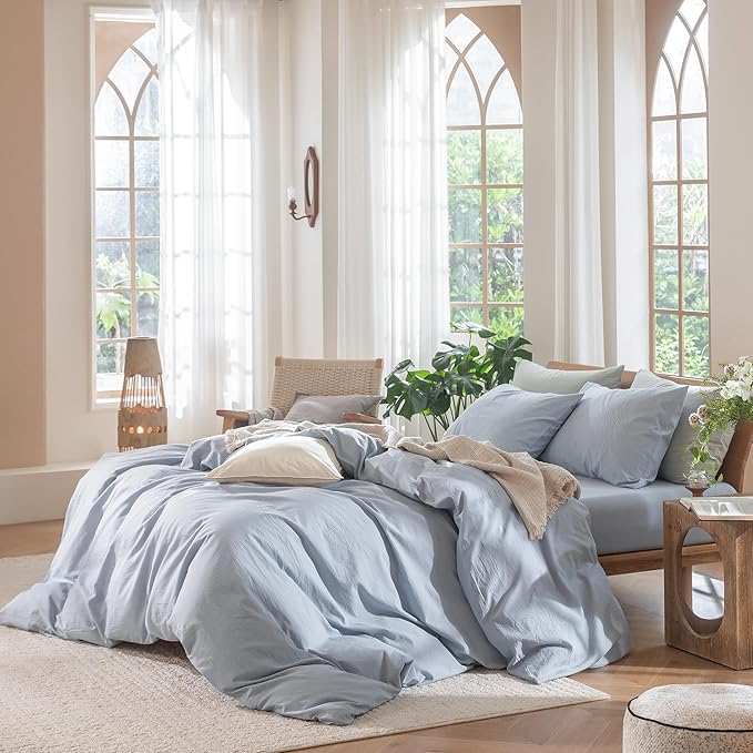 MooMee Bedding Duvet Cover Set 100% Washed Cotton Linen Like Textured Breathable Durable Soft Comfy (Heathered Cornflower Blue, King 104"x90")