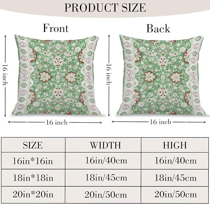 Boho Floral Throw Pillow Covers 16x16 inch Set of 2,Green Boho Rug Geometric Floral Pattern Decor Double Sided Pattern Cushion Cover Soft Pillow Case Living Sofa Room Bed Square Pillow Cover