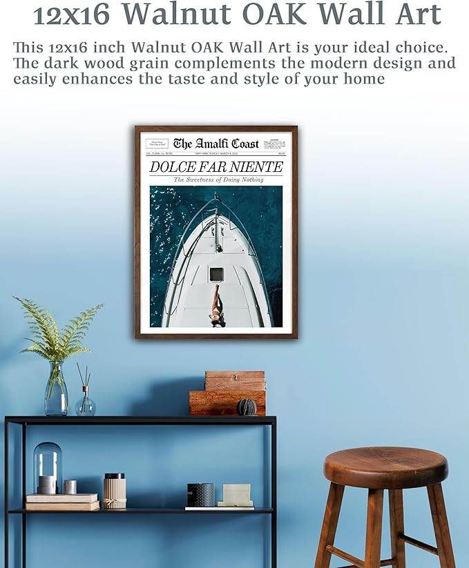 EcoHest Trendy Newspaper Dolce Far Niente Framed Wall Art, 12x16 in Walnut Color OAK Wood La Dolce Vita Canvas Art, Magazine Italian Summer Headline Print Decor, Set of 1 for Bedroom Living Room