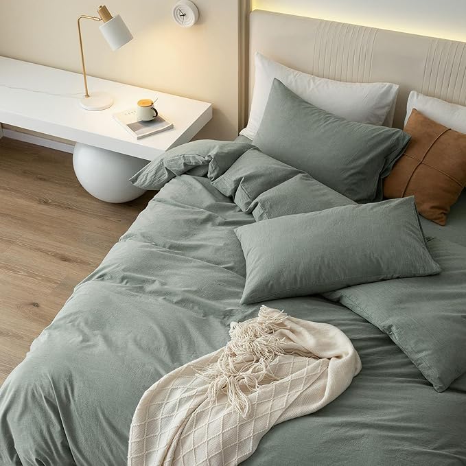 JIYUAN 100% Washed Cotton Duvet Cover Set 3 Pieces Alaska King, 1 Duvet Cover 132x120 Inches(Comforter Not Included) and 2 Pillowcases,Linen Feel Bedding Set Comfy and Breathable, Heathered Green