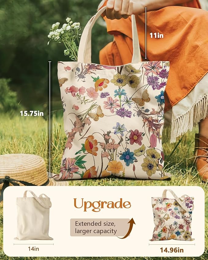 Aesthetic Tote Bag for Girls - with Magnetic Buckle and Zipper Inner Pocket for Women Lady Canvas Cotton Tote Bag