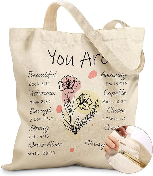 Canvas Tote Bag for Women – Aesthetic Canvas Bag with Zipper Cute Stylish Reusable Shoulder Totes for Shopping Work Daily Vacation, Purple Flower Bible