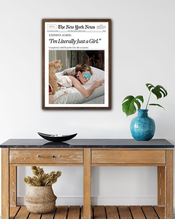 EcoHest Trendy Newspaper New York Magazine Framed Wall Art, 12x16 in Walnut Color OAK Wood I‘m Literally Just a Girl Canvas Wall Art, Magazine Preppy Home Decor, Set of 1 For Bedroom Living Room