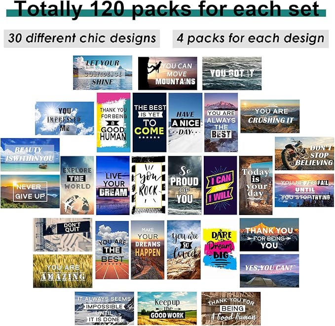 Outus 120 Pcs Motivational Encouragement Quote Cards, Inspirational Kindness Appreciation Gratitude Business Cards, Mini Note Cards for Students, 30 Styles, Landscape
