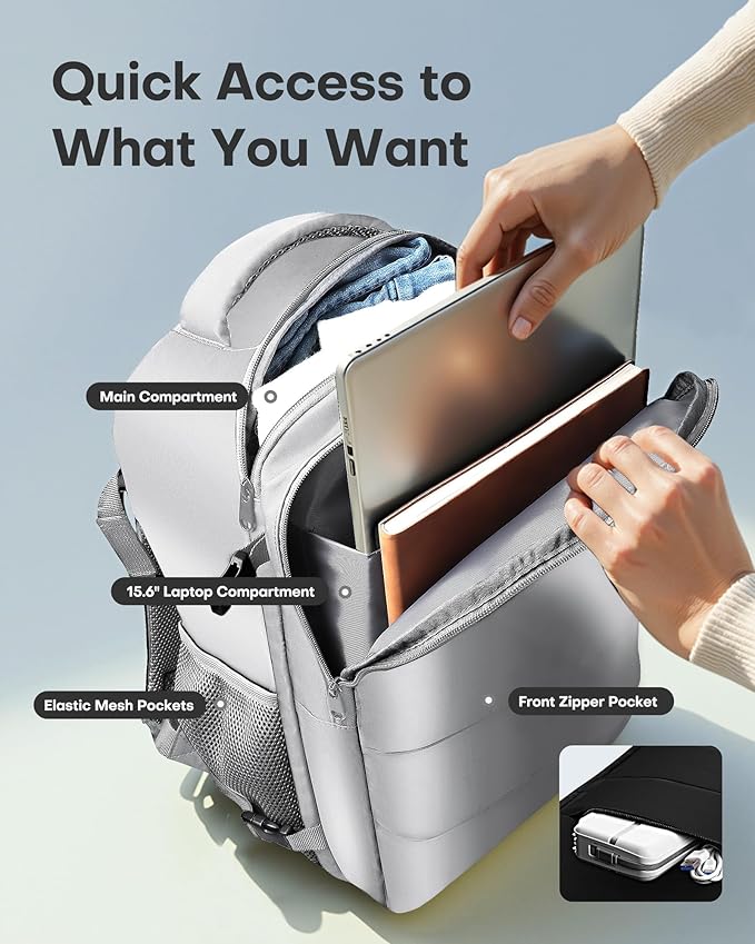 HOTOR Travel Backpack - Flight Approved Travel Bag for Men and Women, Carry on Luggage for 15.6" Laptop and Travel Essentials for Work, Business, Weekender, College 11.8"x7.9"x17.3" (Grey)