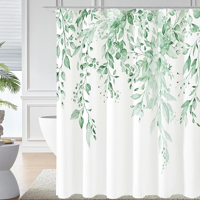 Gibelle Mint Green Eucalyptus Shower Curtain, Watercolor Plant Leaves with Floral Bathroom Shower Curtain Set with Hooks, 72x72