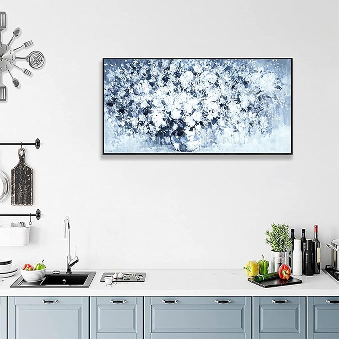 Wall Art Plant Wall Modern Paintings Dark Blue White Floral Canvas Wall Art For Living Room Hand Painted Framed Artwork Poster Botanical Picture Wall Decor For Office Hotel Home Decor 24x48 Inch