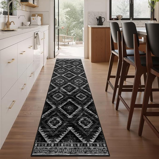 Area Rug 2x10 Rug Machine Washable Non-Slip Low Pile Print Pattern Western Rug for Living Room Bedroom Entryway Tribal Series-Black