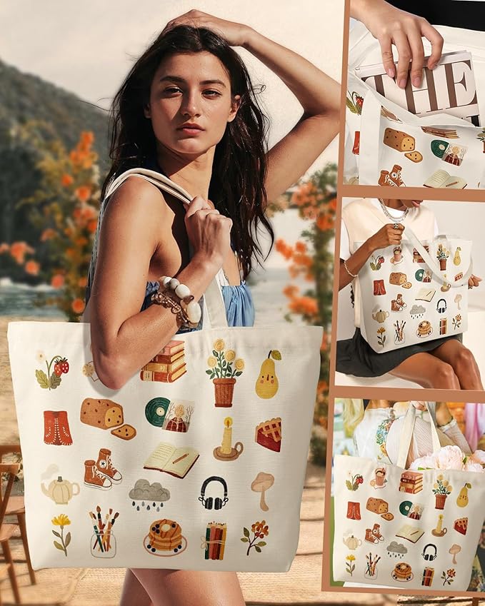 Large Tote Bag for Women - Aesthetic Cute Big Canvas Bags with Zipper Cotton Shoulder Bag for Gym, Travel, Work