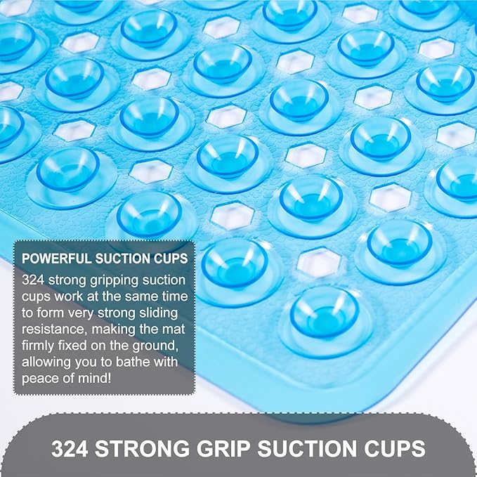 Bath Mat for Tub & Shower, Non Slip Soft Bathmat with Suction Cups & Drain Holes, Machine Washable Bathtub Floor Liner Mats for Bathroom, 35x16 Inch, Clear Blue