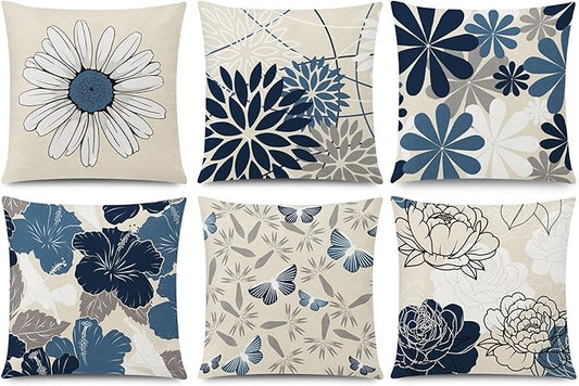 Blue White Pillow Covers 16x16 Set of 6, Daisy Dahlia Throw Pillow Cover, Beige Pillowcase, Modern Couch Pillow Cover for Sofa Living Room Farmhouse Home Decor