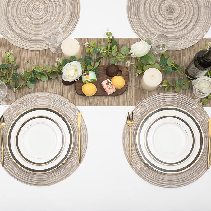 SHACOS Round Braided Placemats 15 inch Set of 6 Washable Kitchen Table Placemats for Home Wedding Party (Rainbow Gray, 6)