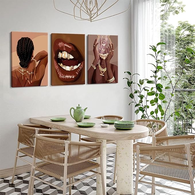 ANVOTIG Framed Black Girl Canvas Wall Art Set of 3 Black Woman African American Women Wall Decor Pictures Boho Fashion Posters Home BedRoom Living Room 12x16 Inch