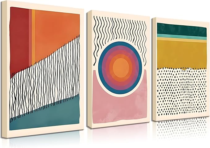 Set of 3 Framed Boho Wall Art Mid Century Modern Wall Decor Posters Abstract Color Block Geometric Canvas Paintings Prints Colorful Simple Line Pictures for Living Room Bedroom Home Decoration（12x16）