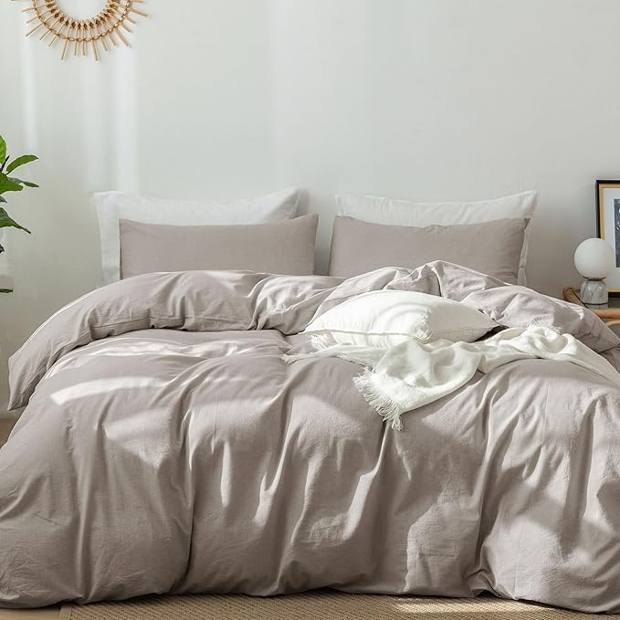 MooMee Bedding Duvet Cover Set 100% Washed Cotton Linen Like Textured Breathable Durable Soft Comfy (Heathered Brownish Grey, King 104"x90")