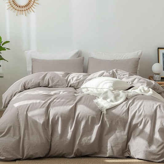 MooMee Bedding Duvet Cover Set 100% Washed Cotton Linen Like Textured Breathable Durable Soft Comfy (Heathered Brownish Grey, King 104"x90")