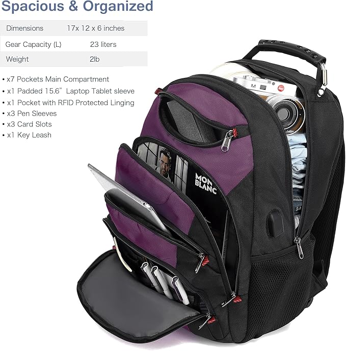 Boavan Laptop Backpack for men, 15.6 inch Laptop Bag with USB Port, Waterproof Travel Work Backpack Purse, Anti-Theft Teacher Nurse Doctor Casual Bookbags Office Business backpack，Purple Black