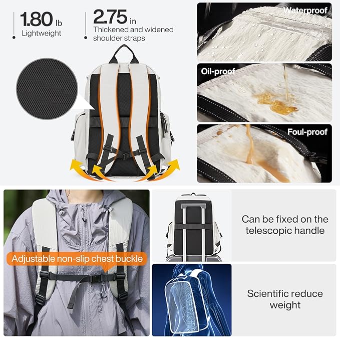 mixi Travel Backpack for Women Men, 18 Inch Carry On Laptop Backpack Flight Approved fits 16'' Laptop, Lightweight Waterproof Hiking Backpack Travel Outdoor Business Casual Daypack, Light Gray