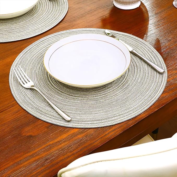 SHACOS Round Braided Placemats Set of 6 Glitter Circle Place Mats Washable 15 inch Table Mats for Dining Table Wedding Party (Light Gray Gold, 6)