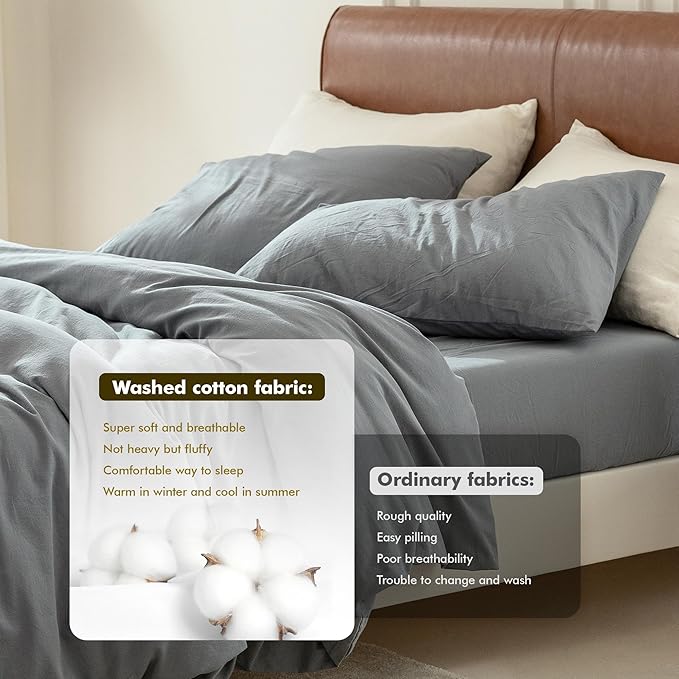 FOSSA Duvet Cover Set 100% Washed Cotton 2 Pieces Bedding Set Twill Soft Cozy Breathable Sturdy Substantial with Textured Weave Solid Blueish Grey Twin/Twin XL