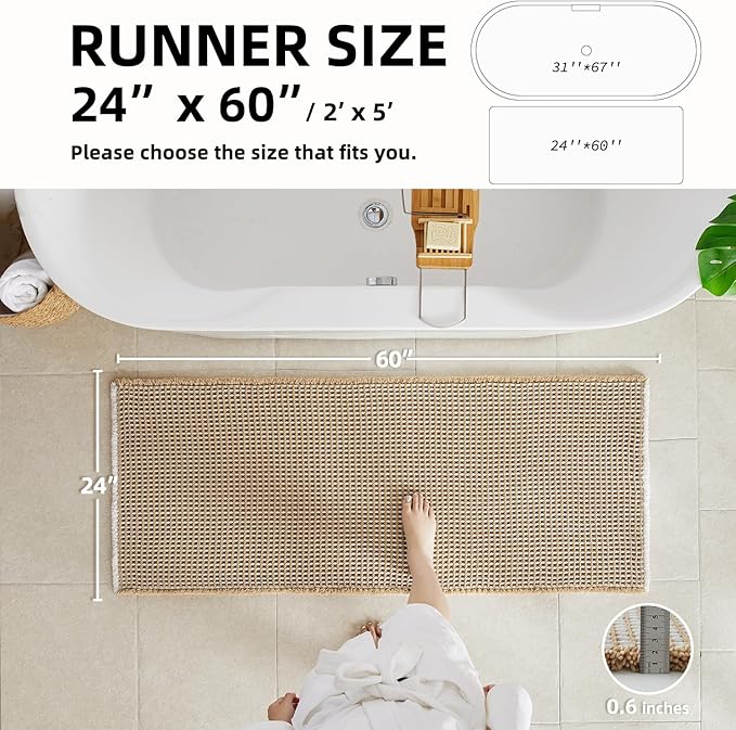Waffle Runner Rug Bathroom, Long Boho Bathroom Rugs Non Slip Washable Super Absorbent Quick Dry Farmhouse Bath Decor, 60"x24" Khaki and White