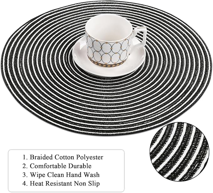 SHACOS 15 inch Round Braided Placemats Set of 6 Non Slip Washable Fabric Kitchen Table Place Mats Heat Resistant Table Mats for Home Wedding Party, Black White