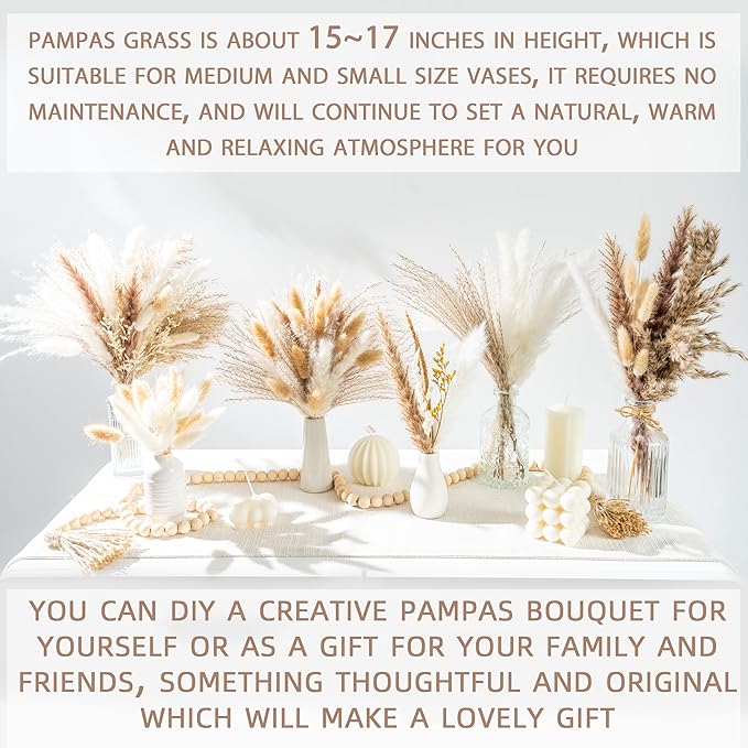 440PCS Natural Dried Pampas Grass Boho Home Decor Bouquet Phragmites Dried Flowers Bouquet for Wedding Floral Arrangements Home Decorations (440PCS)