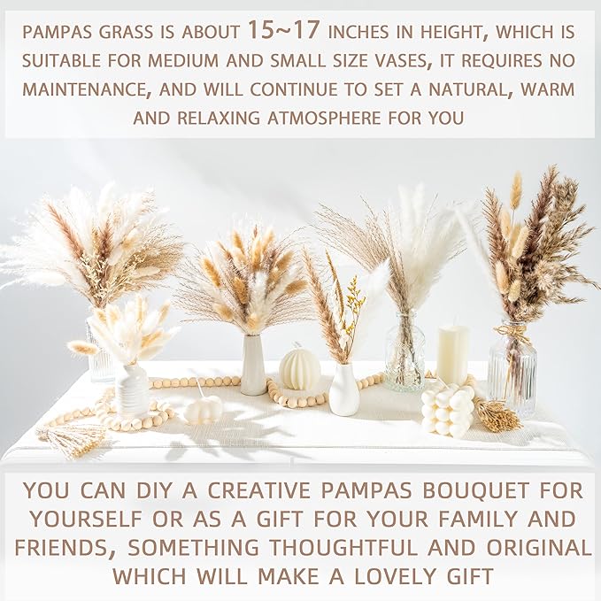 120PCS Natural Dried Pampas Grass Boho Home Decor Bouquet Phragmites Dried Flowers Bouquet for Wedding Floral Arrangements Home Decorations (120PCS)