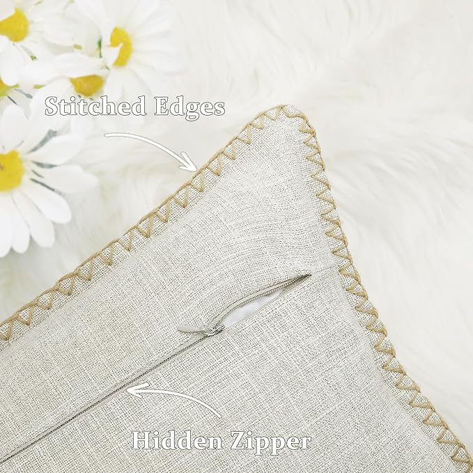 decorUhome Decorative Outdoor Throw Pillow Covers 16x16 Set of 2, Square Linen Rustic Neutral Farmhouse Euro Pillow Covers with Stitched Edge for Couch, Sofa, Living Room, Beige