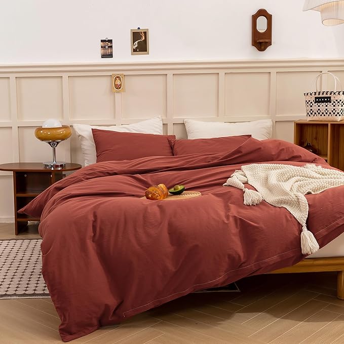 ECOCOTT Duvet Cover California King Size - Linen Feel Textured Organic Natural 100% Washed Cotton, Soft Breathable 3 Pieces Bedding Set with Zipper Closure, Burnt Brick Red