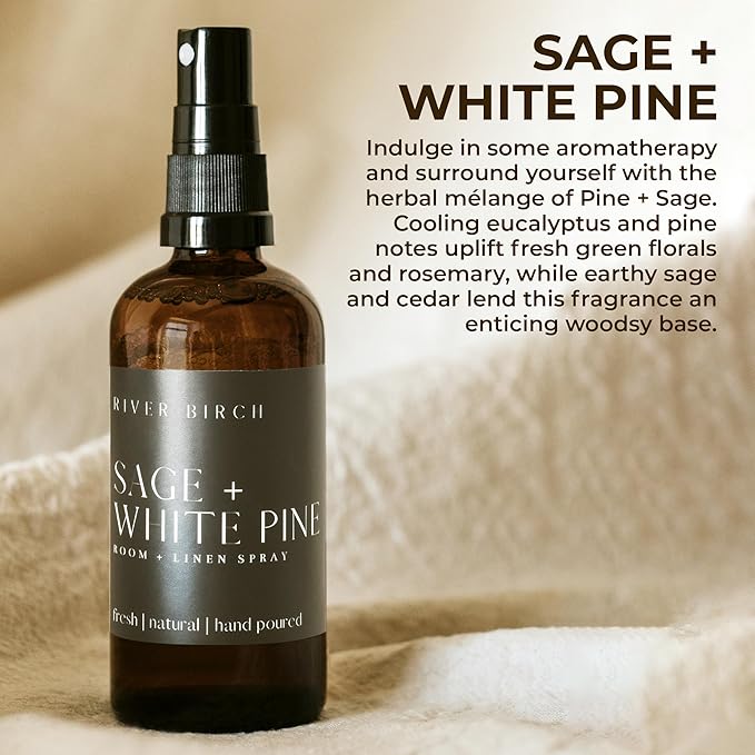 River Birch Luxury Linen and Room Spray - Sage + White Pine Home Signature Scent - Room Fragrance Spray - Fragrant Fresh Linen Air Freshener For Bedding - Handmade in Texas - 4 oz Glass Amber Bottle