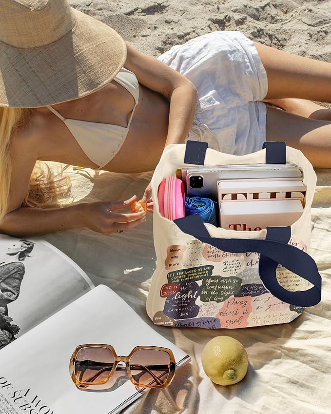 Aesthetic Heavy Canvas Tote Bag with Pocket for Women, Cloth Gusseted Totes Bag with Pattern for Shopping