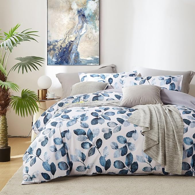 Cupocupa Duvet Cover Queen Size Set Boho Floral Pattern Queen Duvet Cover Set for Queen Size Bed Vintage Soft Bedding Leaf Print Duvet Cover with Pillowcases