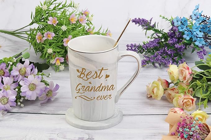Best Grandma Ever Mug Coffee Gifts Birthday Mothers Day for from Granddaughter Grandson Grandchildren Grandkids 14 Ounce Gift Box with Spoon and Mat Gray
