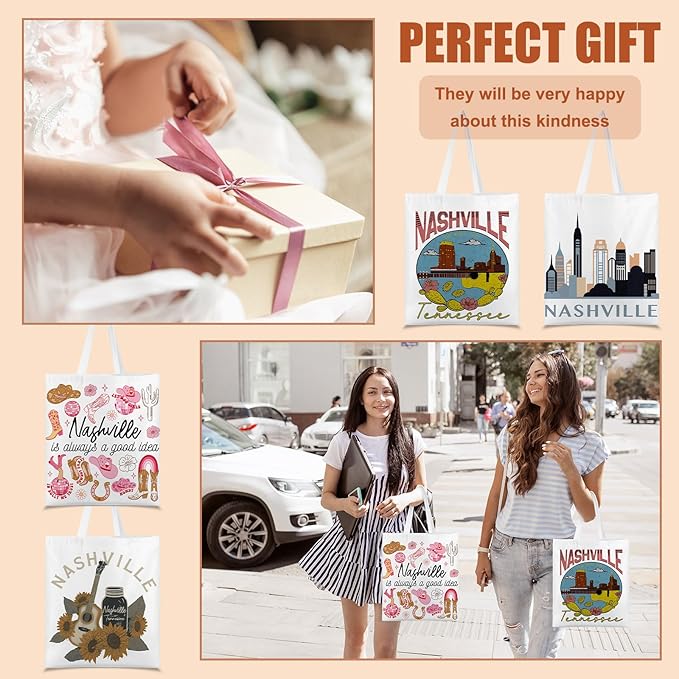 Paterr 4 Pcs City Souvenir Tote Bag-New York Chicago Seattle Los Angeles Boston San Francisco Paris Italy Las Vegas Nashville