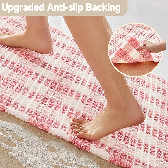 Waffle Runner Rug Bathroom, Long Boho Bathroom Rugs Non Slip Washable Absorbent Checkered Bathroom Mat Quick Dry Cute Bath Mat, 60"x24" Pink and White