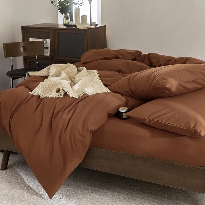FOSSA Duvet Cover Set 100% Washed Cotton Linen Feel Super Soft Breathable Cozy 3 Pieces Bedding Sets Solid Dark Orange Oversized King
