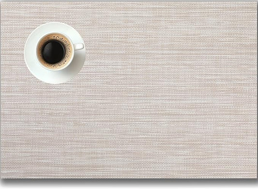 Placemats Set of 4 - Easy Clean Woven Vinyl Placemats for Dining Table, Indoor/Outdoor Place Mats, Washable PVC Table Mats（Beige）