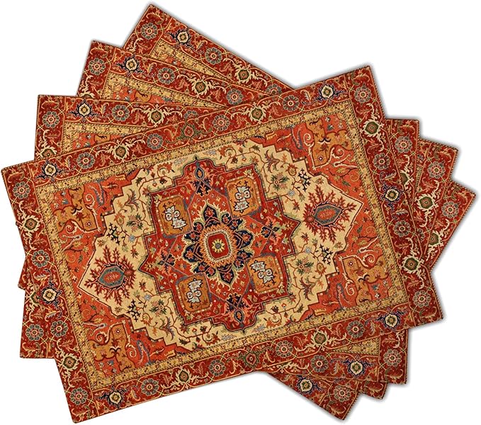 Giwawa Boho Ethnic Placemats Set of 4 Vintage Orange Brown Retro Flower Decorative Linen Table Place Mats 12"x18" Rustic Country Style Floral Place Mats Heat Resistance for Kitchen Dining Farmhouse