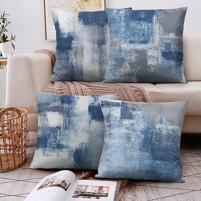 Set of 4 Blue and Grey Abstract Art Artwork Pillow Cover 20 x 20 Inch, Gallery Modern Decorative Throw Pillows Cushion Cover for Bedroom Sofa Living Room