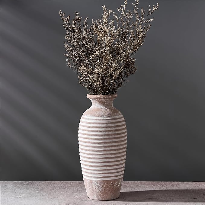 Ceramic Rustic Vase, 14.4 Inch Large Vintage Flower | Threaded Decorative Farmhouse Tall Vase for Home Decor, Living Room, Shelf Decor, Wedding Housewarming Gift, Khaki