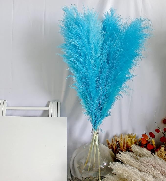 46" inch 10 Stems Natural Pampas Grass Decor Tall, Pompas Grass, Tall Pampas Grass for Weddingm, Farmhouse, Boho Home Decor (Blue)