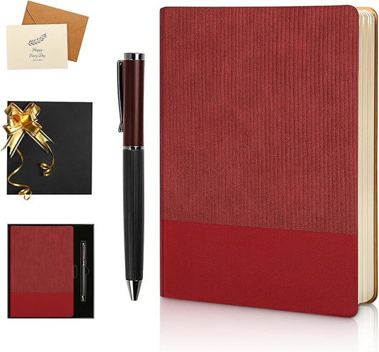 A5 Lined Notebook with Pen & Gift Box 216 Pages PU Leather Journals for Women Men 100GSM Thick Paper College Ruled Notebook for School,Travel,Business,Work,Home Writing (A5 Lined 216pages, Red - Gift Box Set)